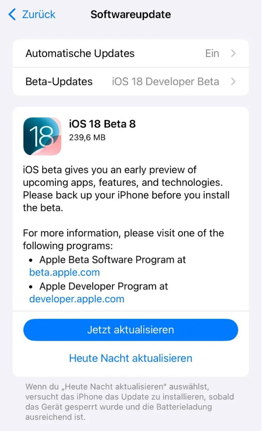 盱眙苹果手机维修分享苹果 iOS / iPadOS 18 开发者预览版 Beta 8 发布 